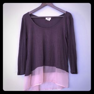 Cute gray high-low shirt with gauzy pink “skirt”